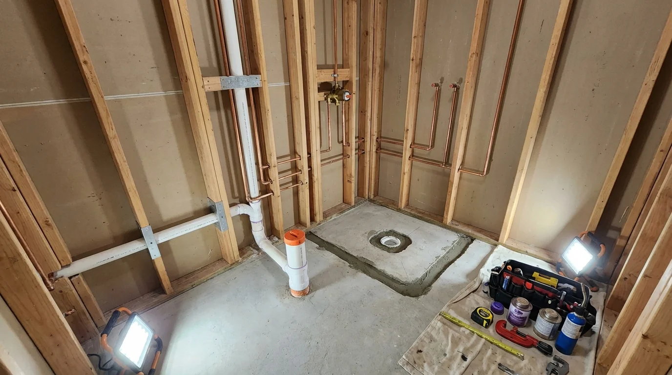 Bathroom rough-in plumbing during remodel by Johns Plumbing LLC in Helmetta