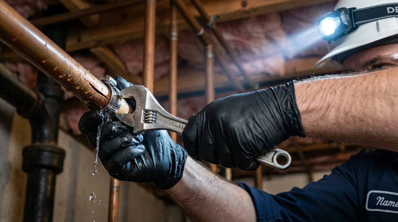 Emergency pipe clamp repair being performed by a Johns Plumbing LLC plumber in Helmetta