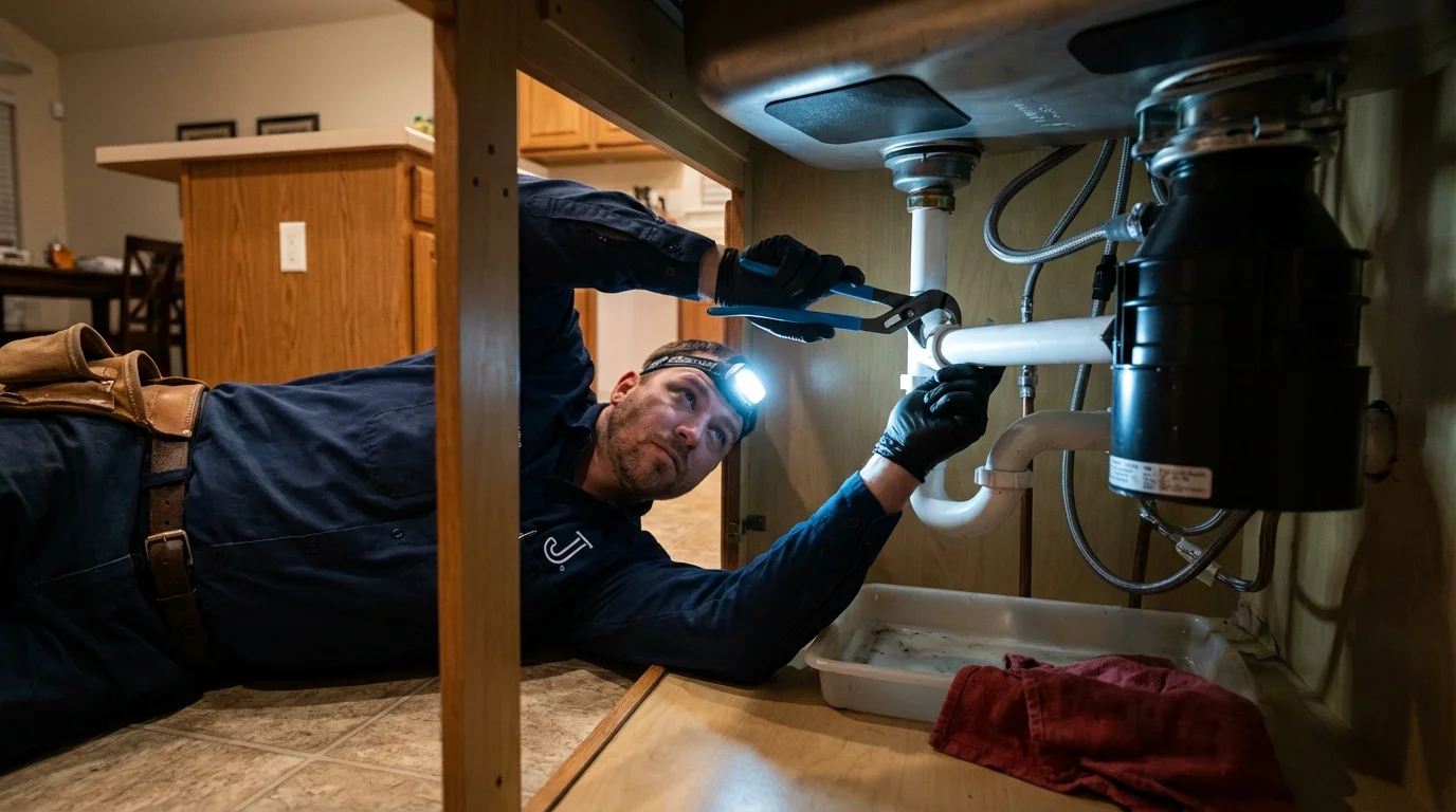 P-trap and supply line connections under a kitchen sink showing a common leak point in Helmetta, NJ